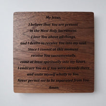 Load image into Gallery viewer, back of carved wooden spiritual communion prayer card laser marked
