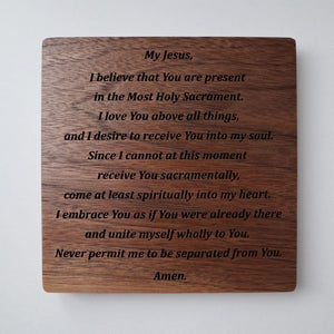 back of carved wooden spiritual communion prayer card laser marked